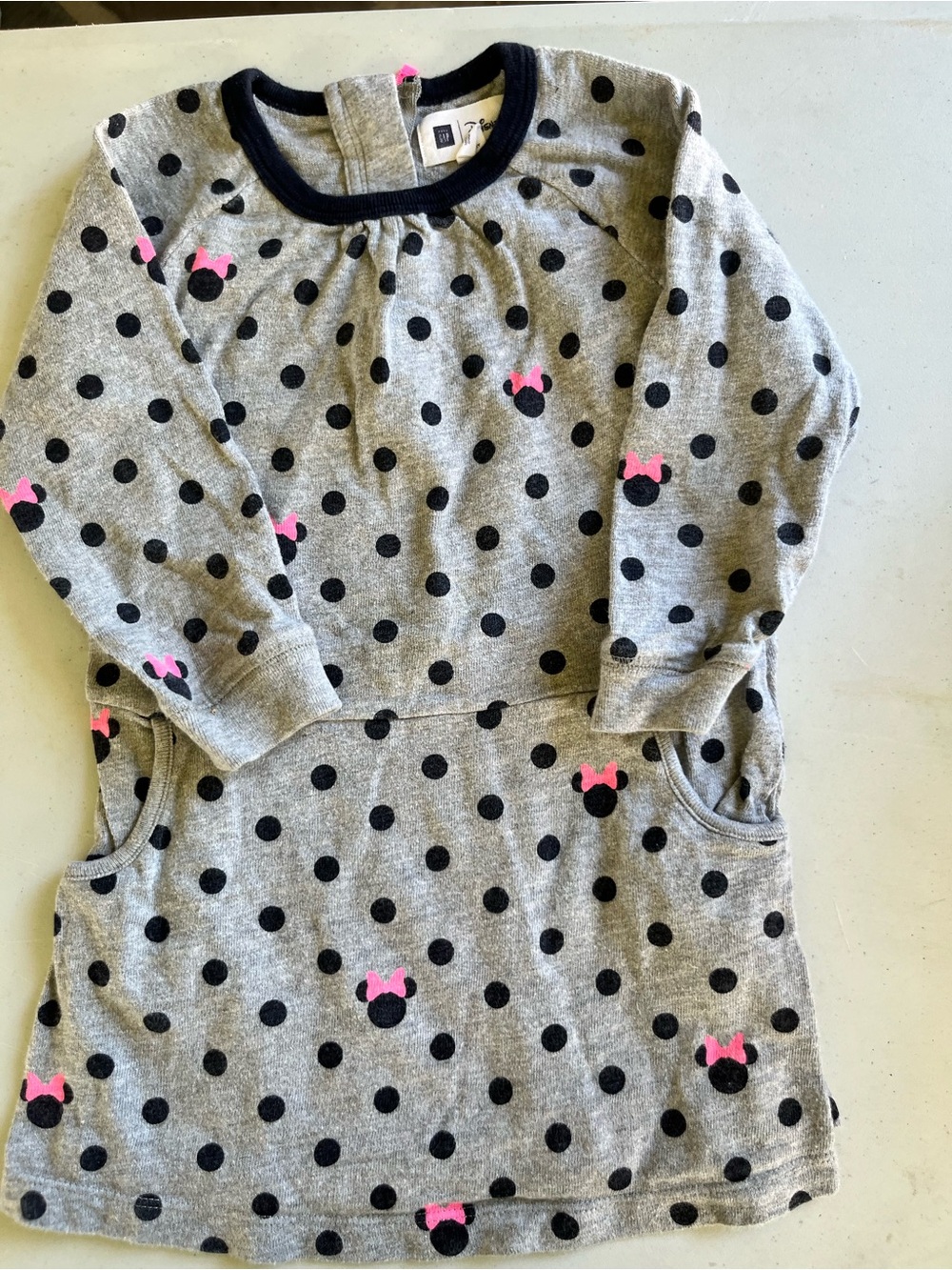 GAP  Disney  Grey Polka Dot Knit Dress with Black Spots and Pink Bow Accents